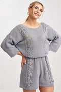 Ensemble mode femme tricot ajouré gris doux manches longues col rond short taille élastique confortable occasion décontractée