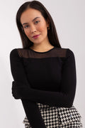 chemisier viscose élégant féminin manches longues encolure ronde transparente buste noir coupe ajustée maille délicate finition soignée