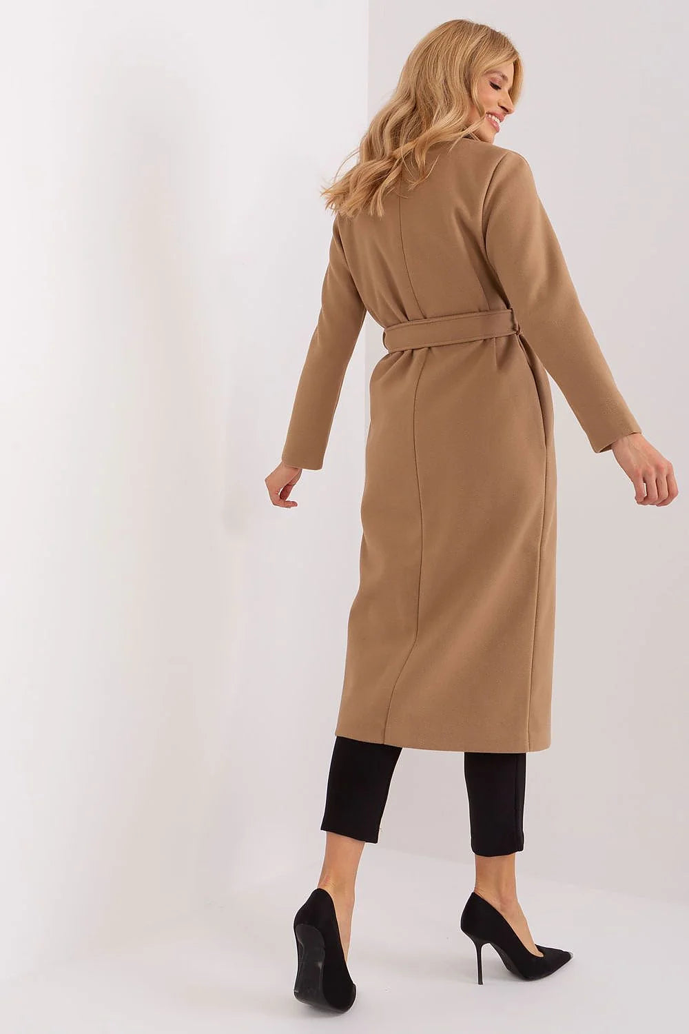 Manteau pour femme élégant long col à revers en laine beige style trench occasionnels automne hiver