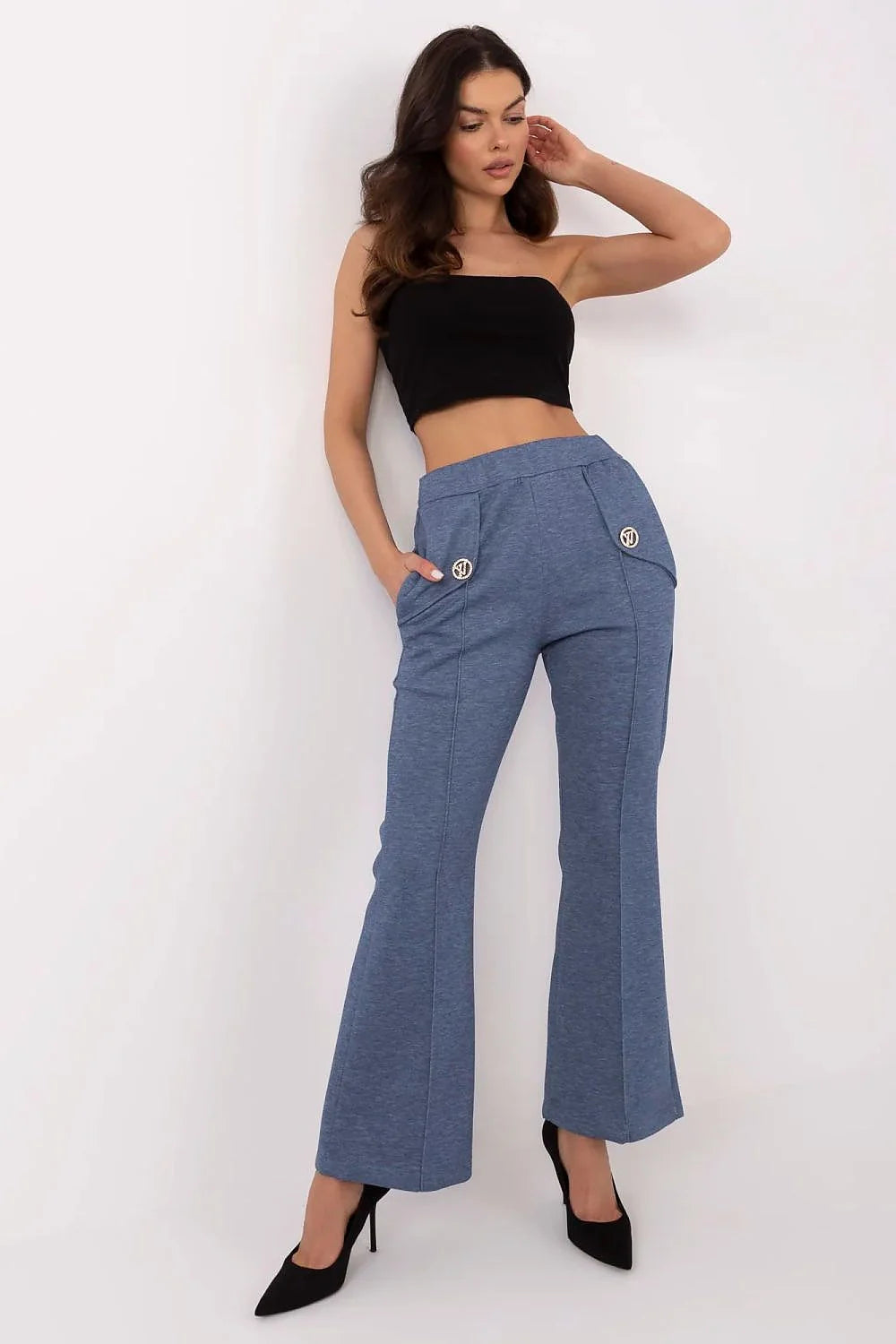 Pantalon survêtement à larges jambes en viscose, élasthanne et polyester, bleu-gris, taille haute, ceinture élastique, poches latérales dorées, femme, mode élégante et confortable