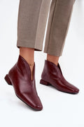 bottines femme cuir écologique bordeaux bout effilé arrondi talon bas carré fermeture arrière glissière finition brillante