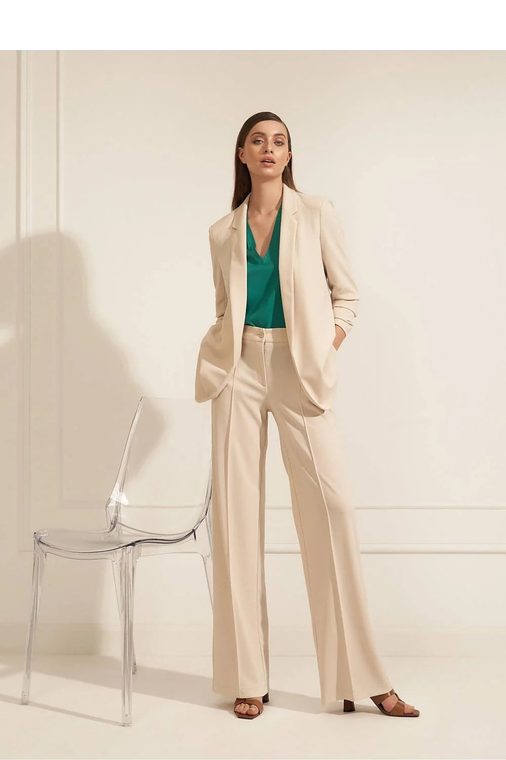 Pantalon femme beige ample coupe haute taille ajustable élasthanne polyester manches longues style élégant