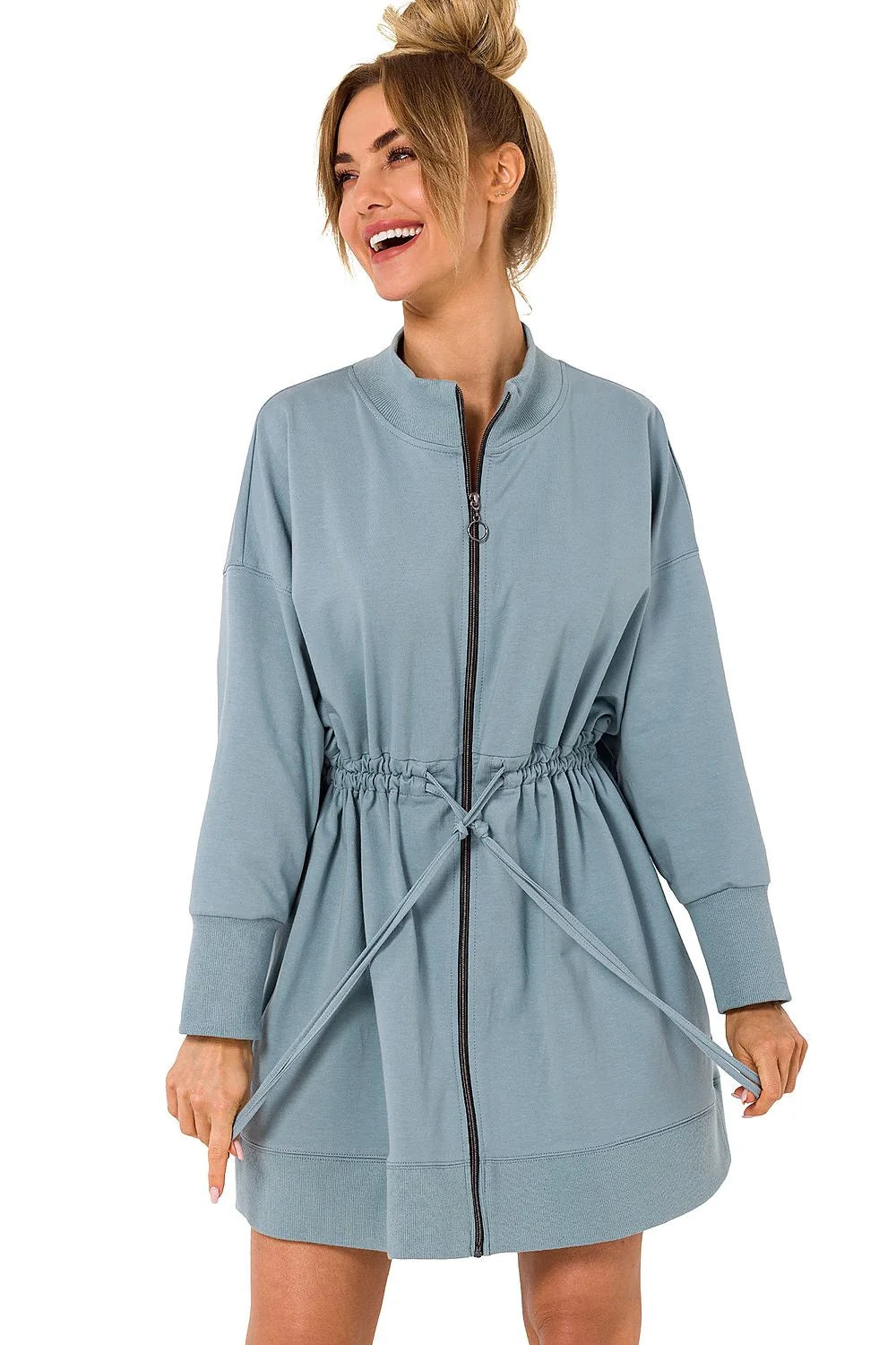 robe veston moderne décontractée sportive coupe fluide cordon taille manches longues col montant coton poches plaquées fermeture éclair vert vif
