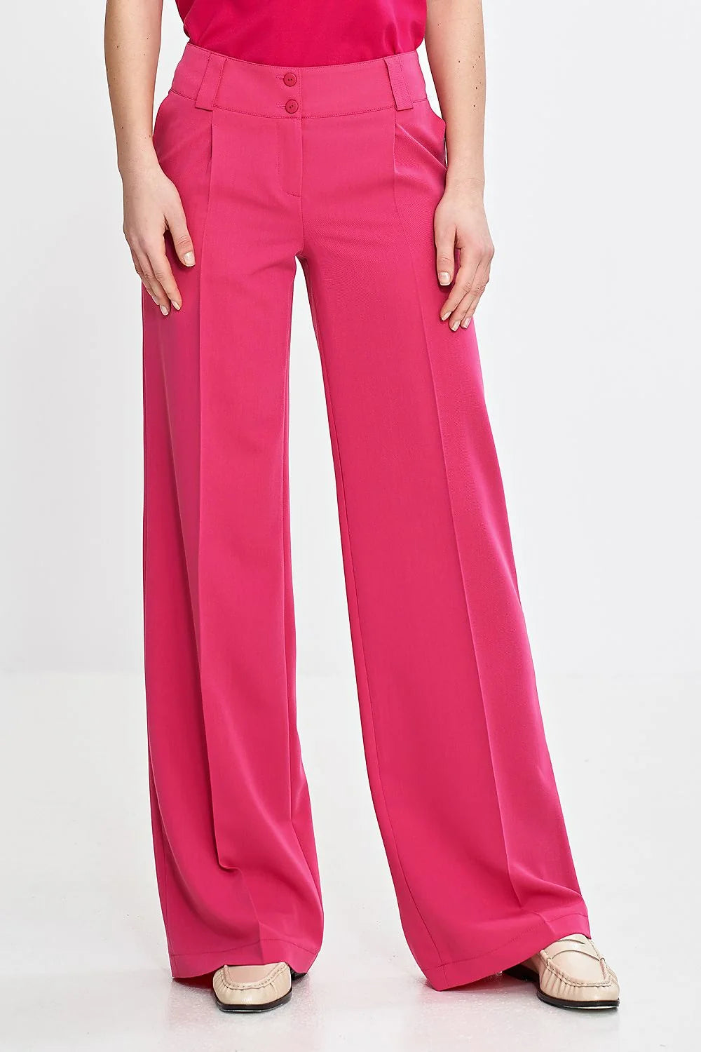 Pantalon long Nife ample style palazzo rose vif taille haute ceinture large boutons décoratifs femme élégance moderne