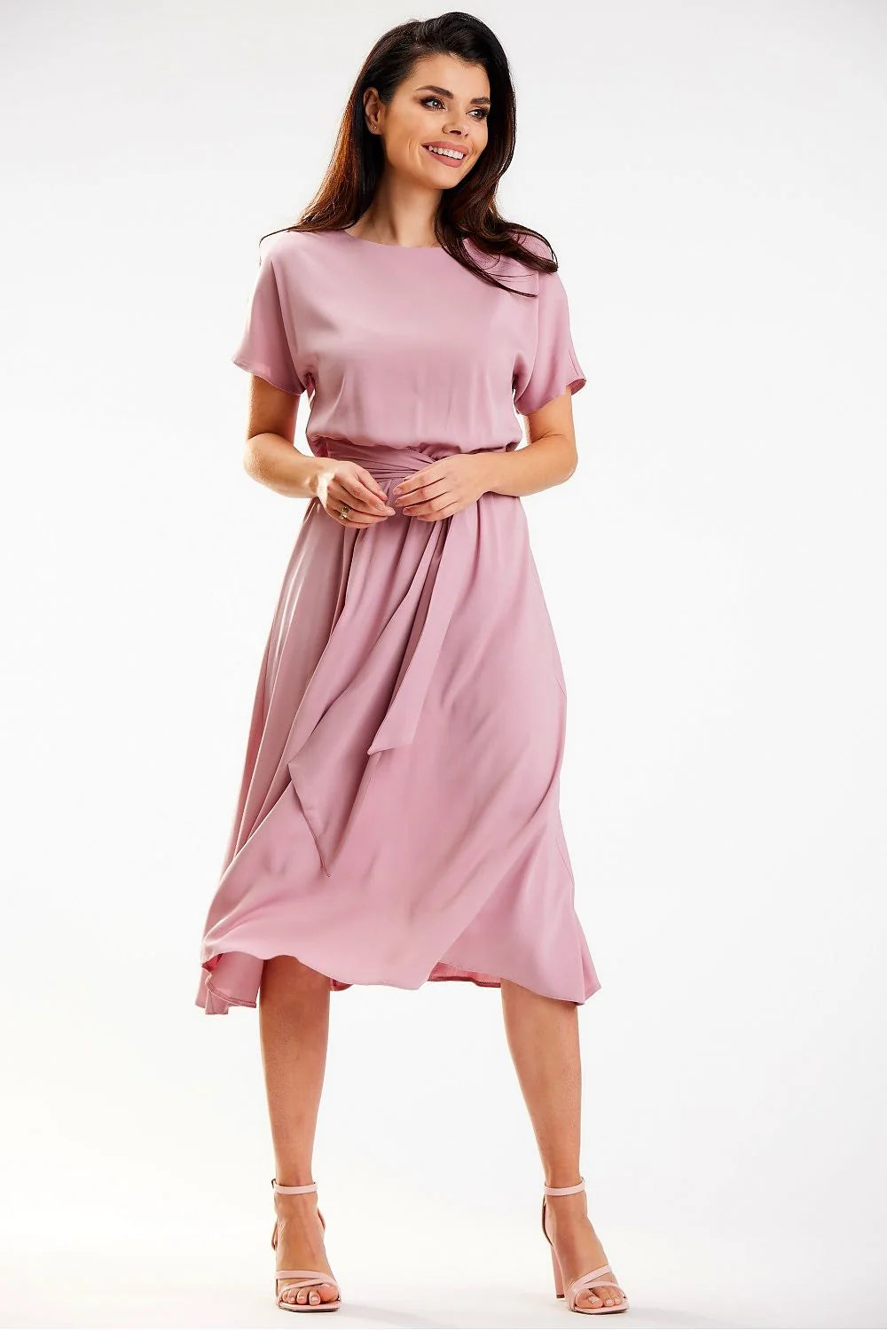 Robe de jour élégante midi manches courtes ceinture à nouer viscose douce couleur rose poudrée femme