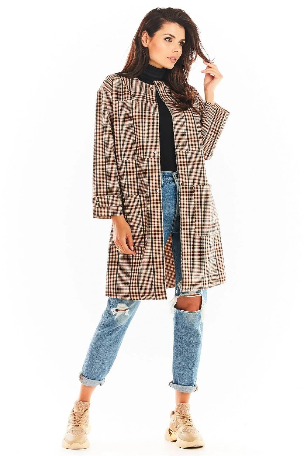 Manteau femme laine chic carreaux noirs blancs marron élégant automne hiver col rond tendance