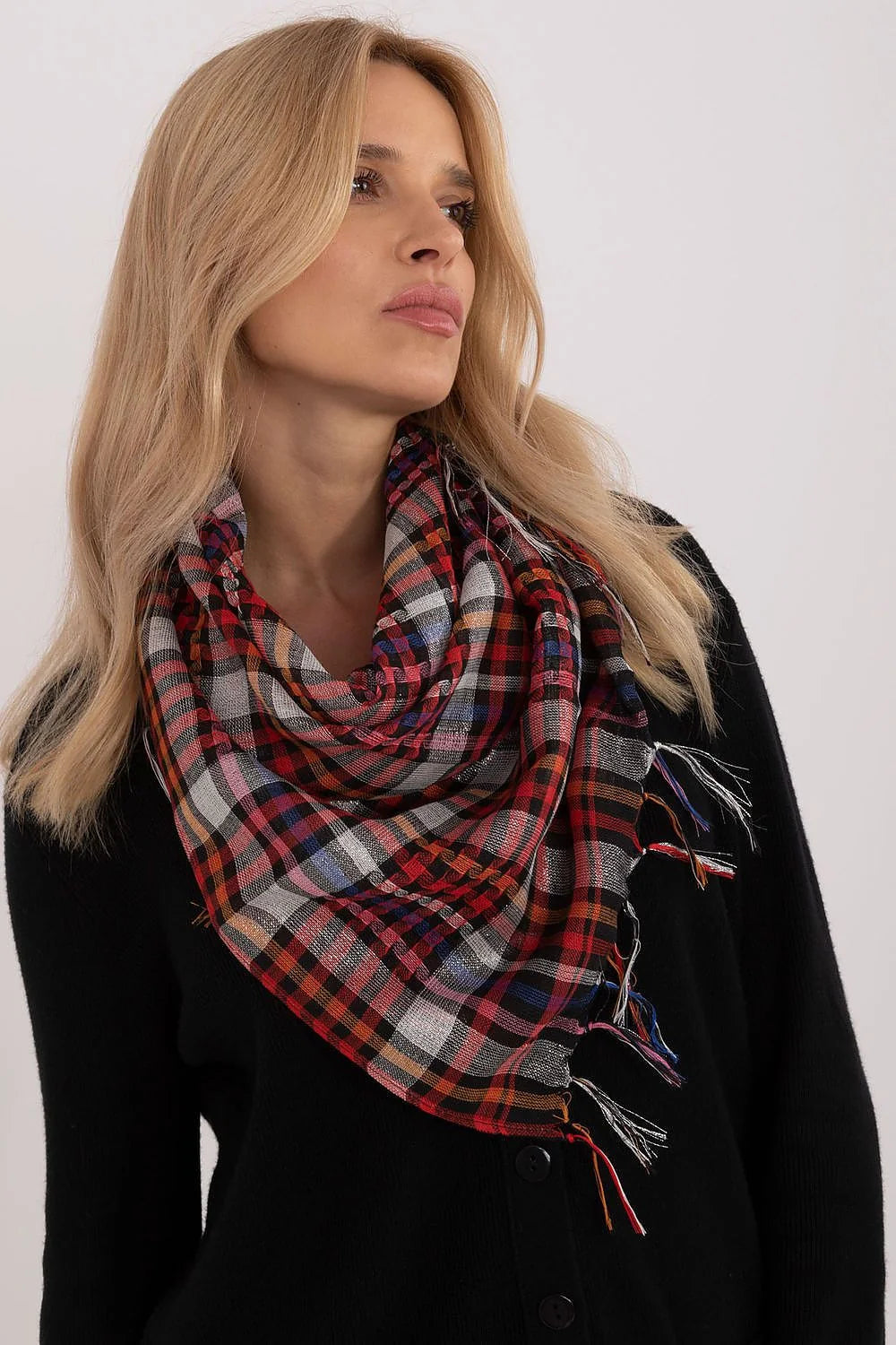 Foulard à carreaux multicolore élégant en coton mixte, style bohème, franges, pour femmes, accessoire polyvalent, tendance mode automne-hiver