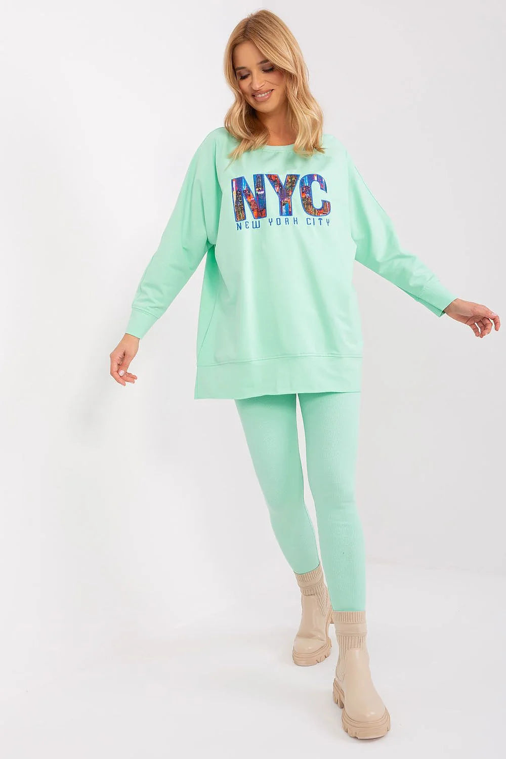 Ensemble femme pull ample legging assorti vert menthe design urbain NYC manches longues taille haute confort
