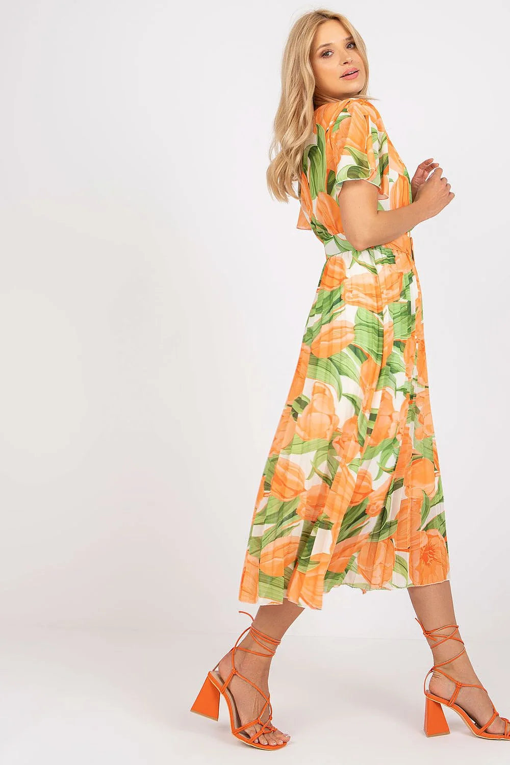 Robe été imprimé floral manches courtes ceinture longue femmes orange vert blanc Italy Moda