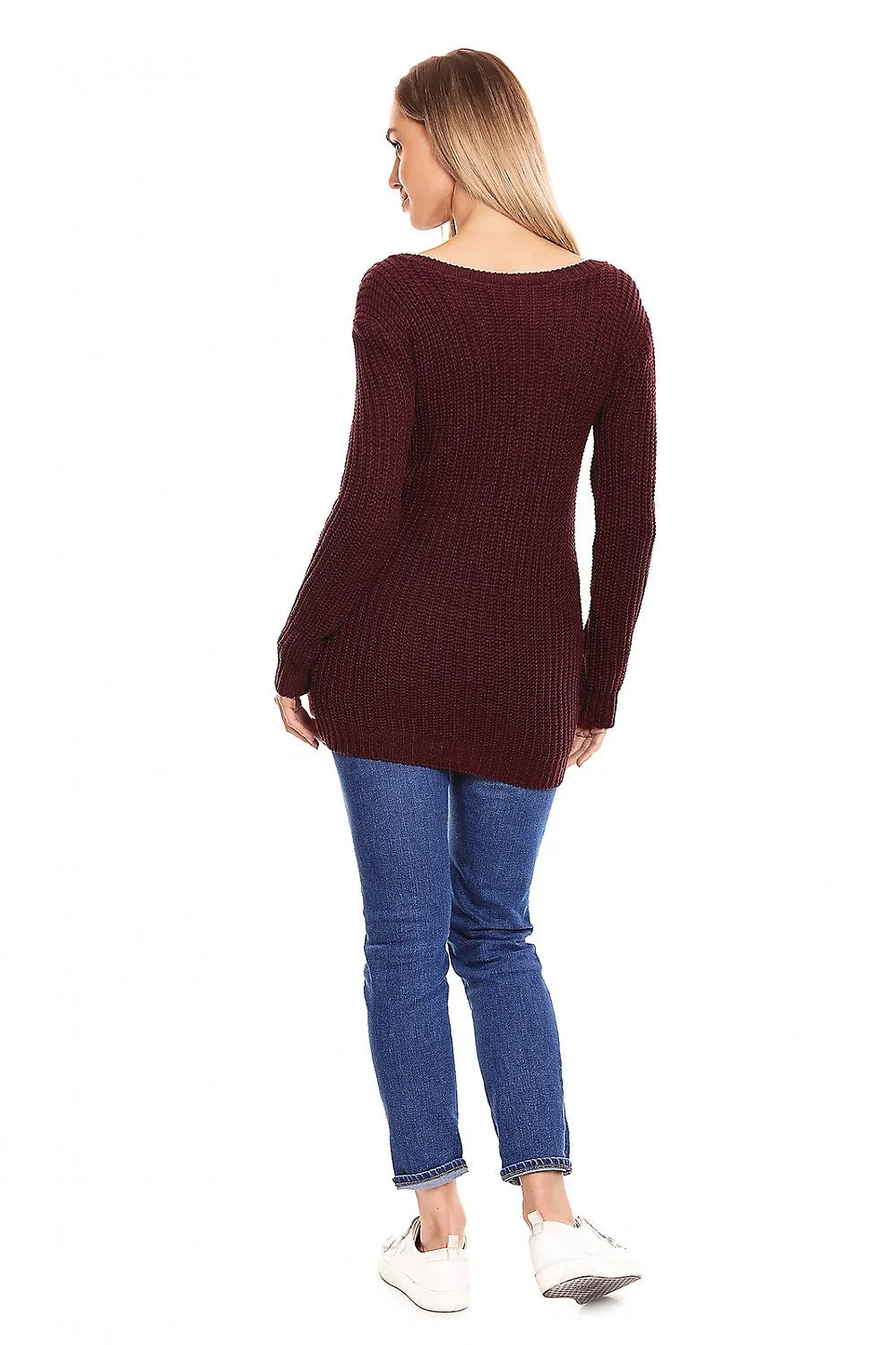 Pull grossesse tricoté maille épaisse encolure bateau motifs géométriques couleur bordeaux élasthanne polyester viscose femme