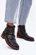 bottines femme Maciejka cuir noir perforé mi cheville talon plat 3cm bout arrondi fermeture éclair latérale tige froissée