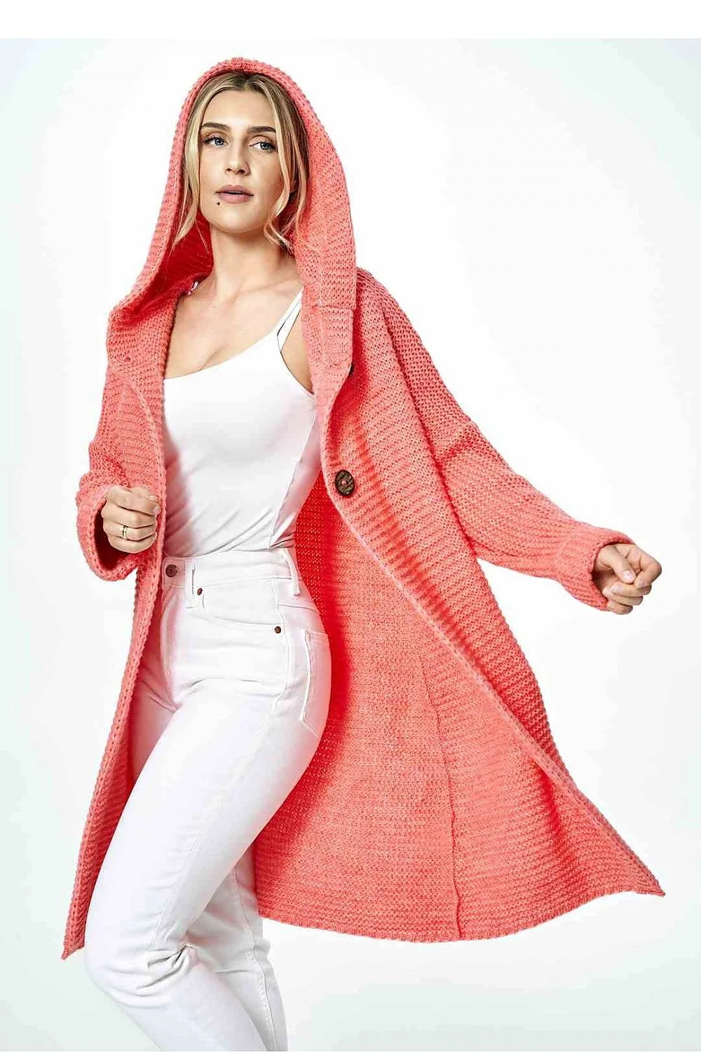 Cardigan femme moderne en laine et acrylique, couleur corail, longueur genoux, capuche intégrée, manches longues, sans poches, taille universelle