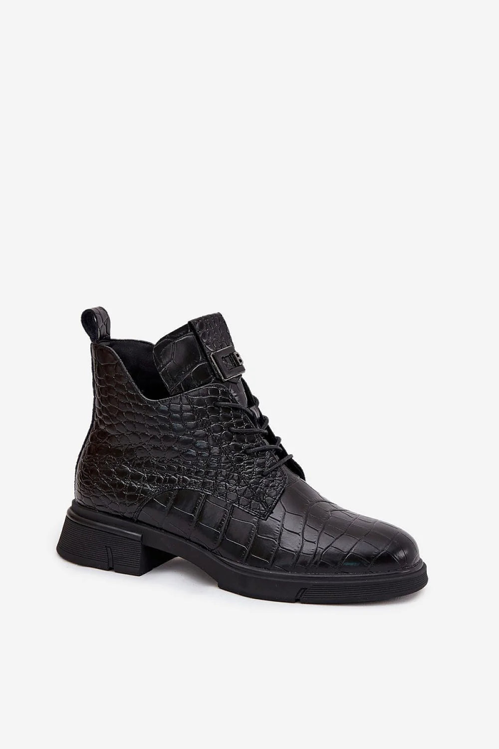 bottines femme Vinceza cuir naturel croco embossé noir tige cheville doublure fourrure talon bas zip latéral lacets boucle métal décorative