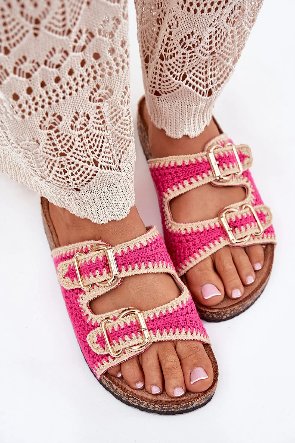 Sandales femmes style boho-chic cork insole ajustables summer sandals pink beige crocheted straps golden buckles