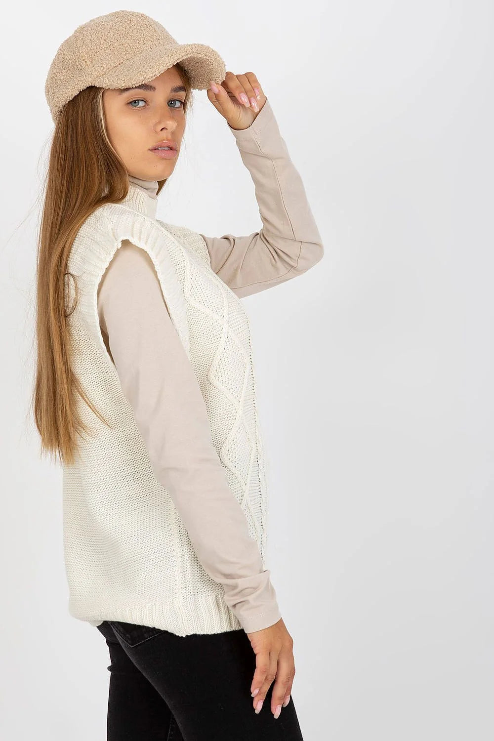 Gilet Sublevel sans manches maille tricotée carreaux style urbain veste acrylique 100% femmes taille ajustable coupe structurée