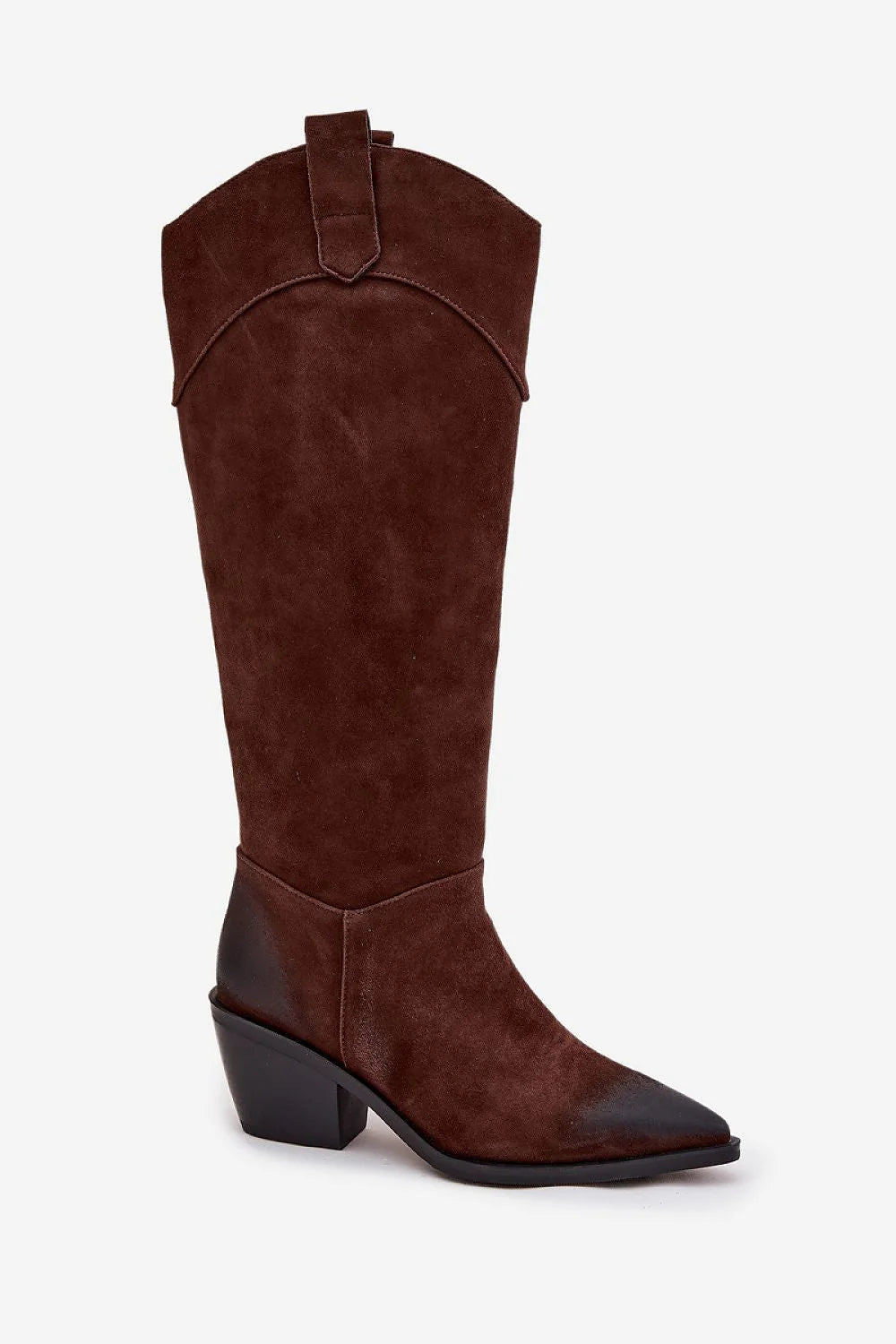 bottes cowboy femmes daim naturel marron tige hauteur genou bout pointu patiné fermeture éclair latérale talon bloc épais