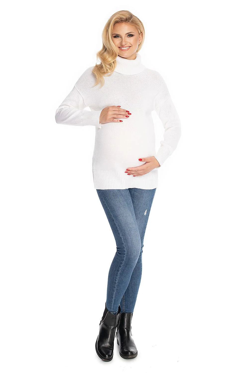 Pull grossesse coton acrylique style décontracté col roulé blanc ample chaud pour futures mamans