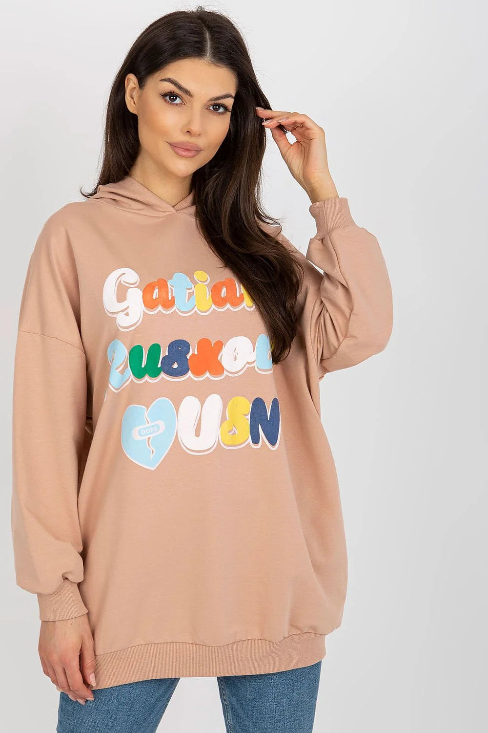 Sweatshirt Fancy femme moderne casual texte graphique coloré beige multicolore ample coudes ourlet coton élasthanne confortable