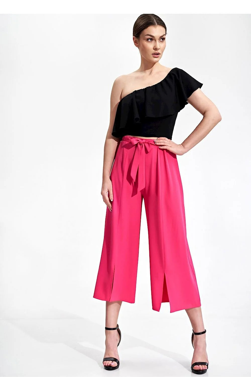 Pantalon femme Figl asymétrique culotte vert vif ceinture nouée coupe ample polyester 100% taille ajustable occasion élégante