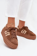 baskets plateformes femme suède naturel marron lacets tige basse bandes contrastantes beige rétro chic semelle intérieure cuir antidérapante