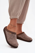 chaussons femmes Inblu feutre laine taupe mules intérieur bout arrondi bordure broderie marron etiquette HOME semelle souple antidérapante