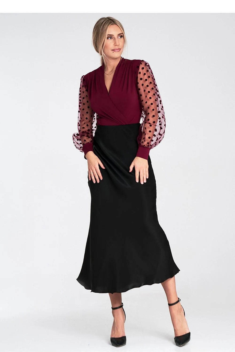 blouse cachecoeur femme bordeaux merlot manches bouffantes tulle plumetis noir semi transparentes pois contrastes corps ajusté jersey stretch décolleté V