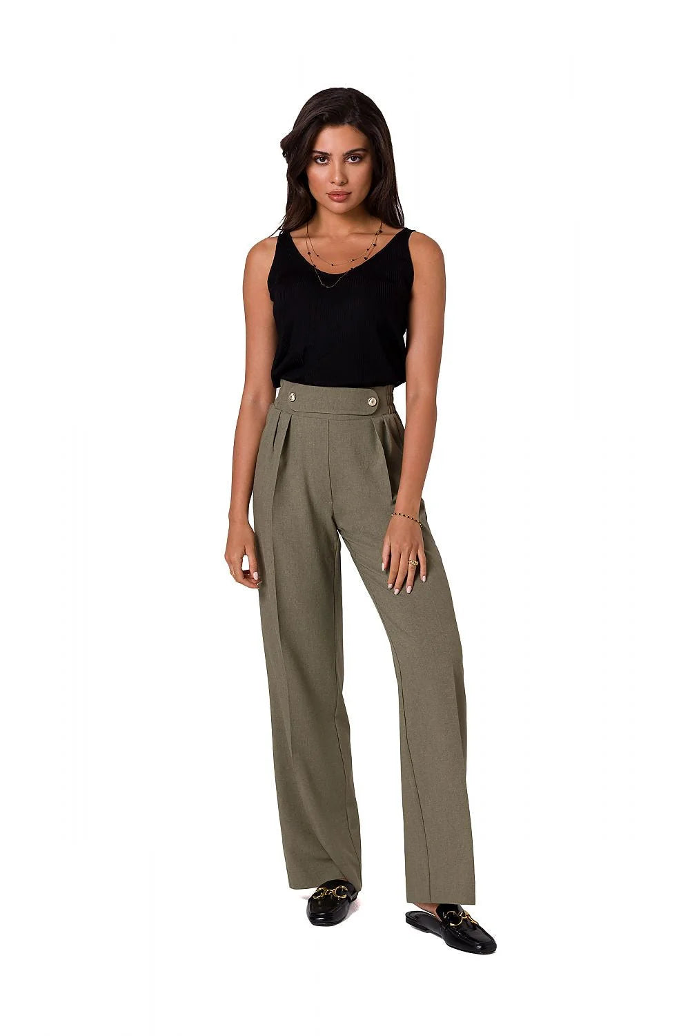 Pantalon long Be Wear en tissu léger, blanc, taille haute, coupe ample, boutons dorés, pour femmes élégantes