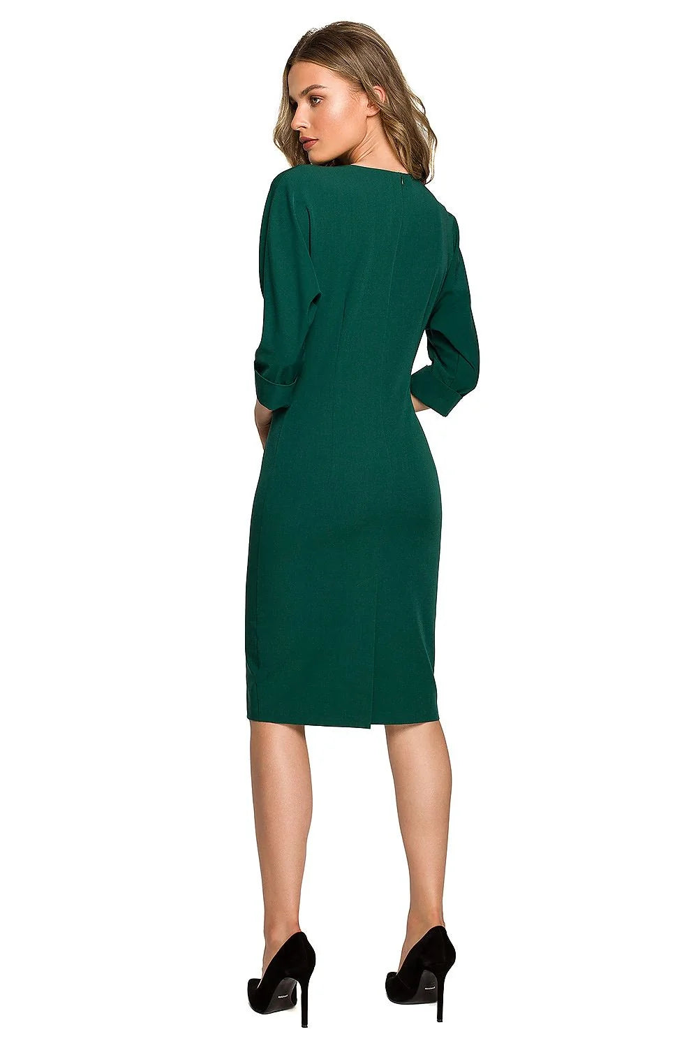 Robe classique élégante pour femme en vert émeraude, coupe droite, manches 3/4, col rond, fermeture éclair dissimulée, polyester, viscose, élasthanne