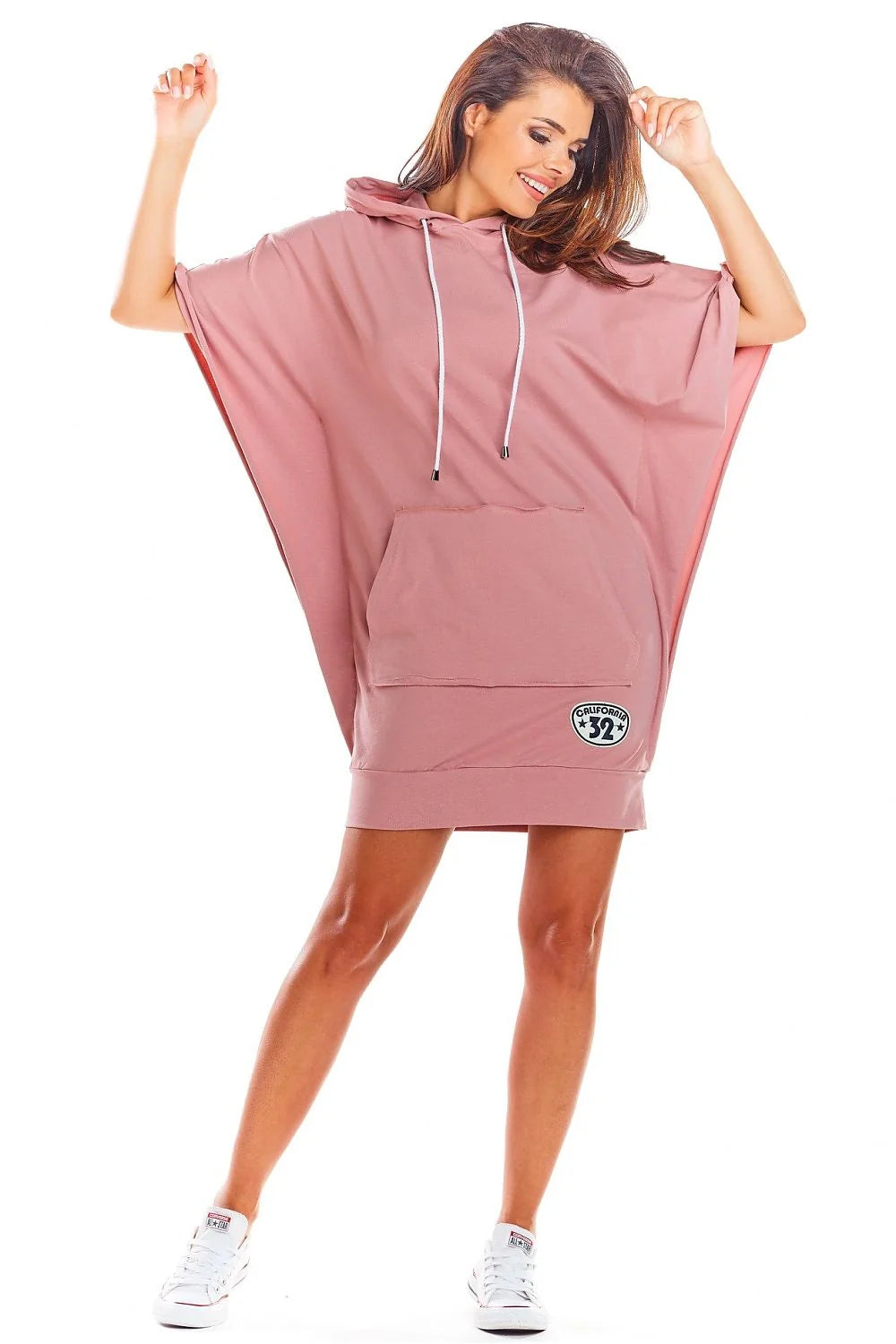 robe jour femme ample oversize capuche cordon poches kangourou manches courtes mi cuisse coton lycra blanc
