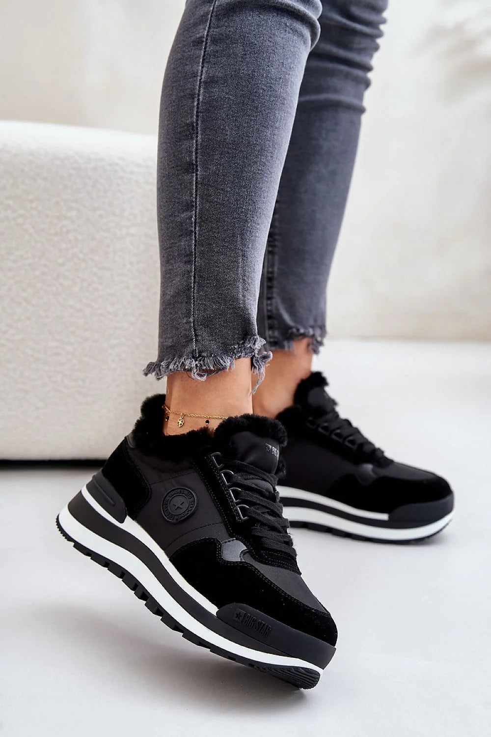 Chaussures de sport élégantes pour femmes, design moderne, cuir suédé, fourrure, semelle épaisse, occasion quotidienne, automne-hiver, style sportif, confortable, Taille 36-38, Big Star