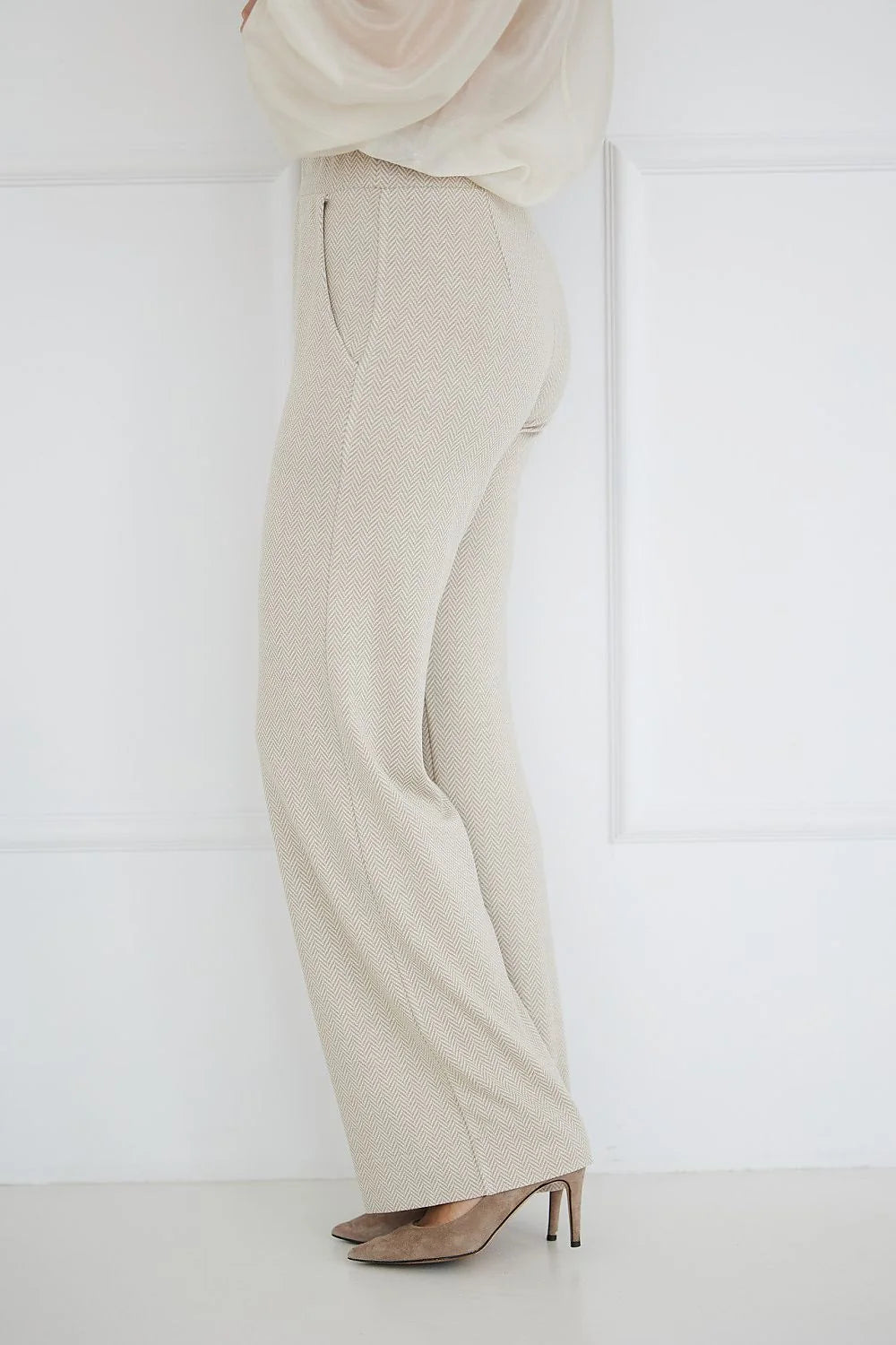 Pantalon femme élégant coupe évasée jersey jacquard motif sapin matures taille grande confort Waist Hanche Ceinture