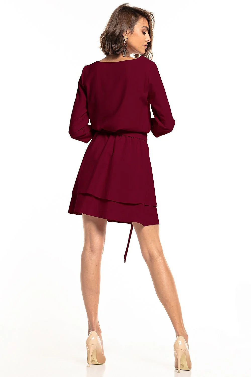 Robe élégante polyester vert foncé ajustée ceinture volants manches trois-quarts pour occasions spéciales femmes