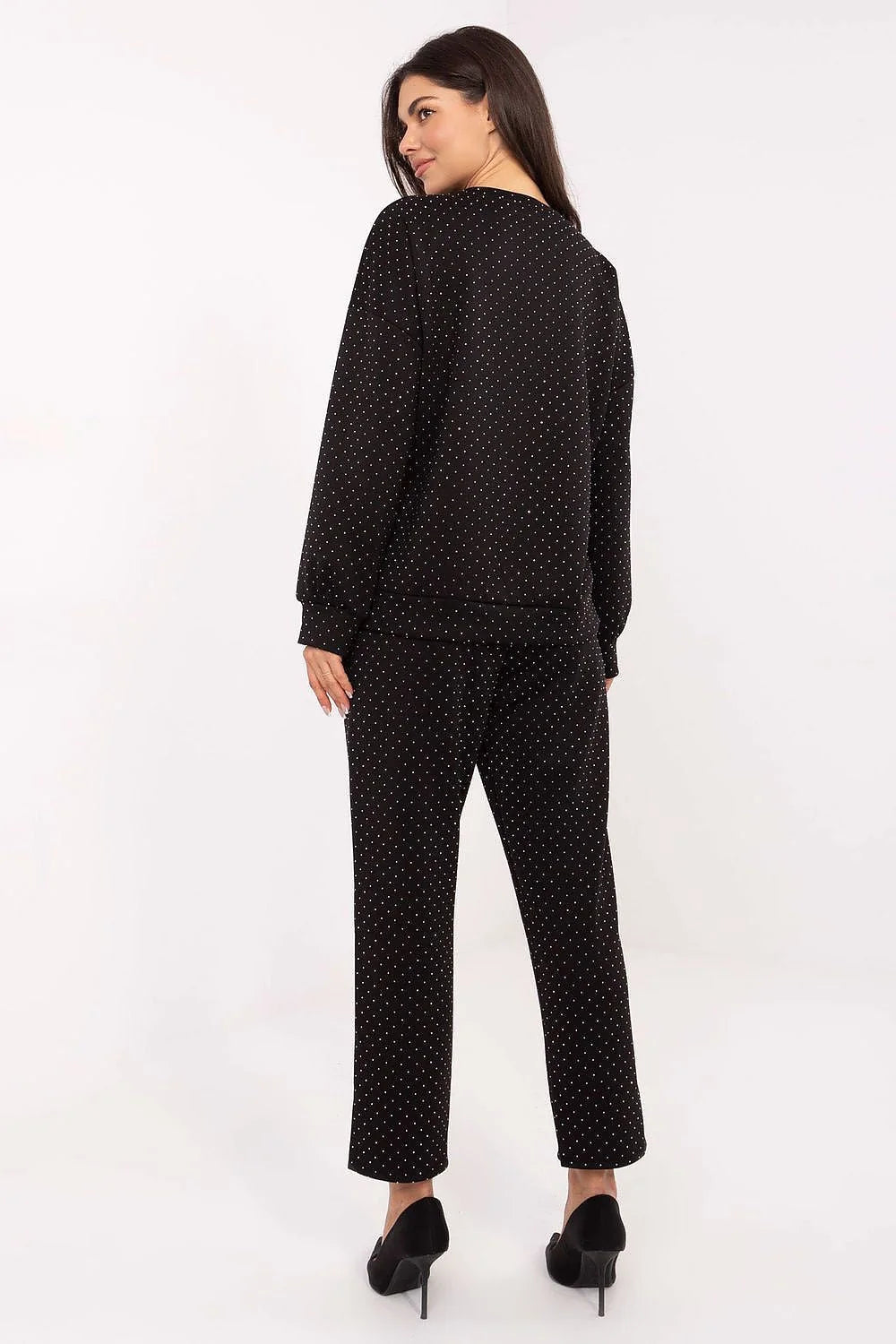 ensemble survêtement femme chic confortable sweat oversize col rond pantalon droit cropped taille haute ceinture nouer strass micropois