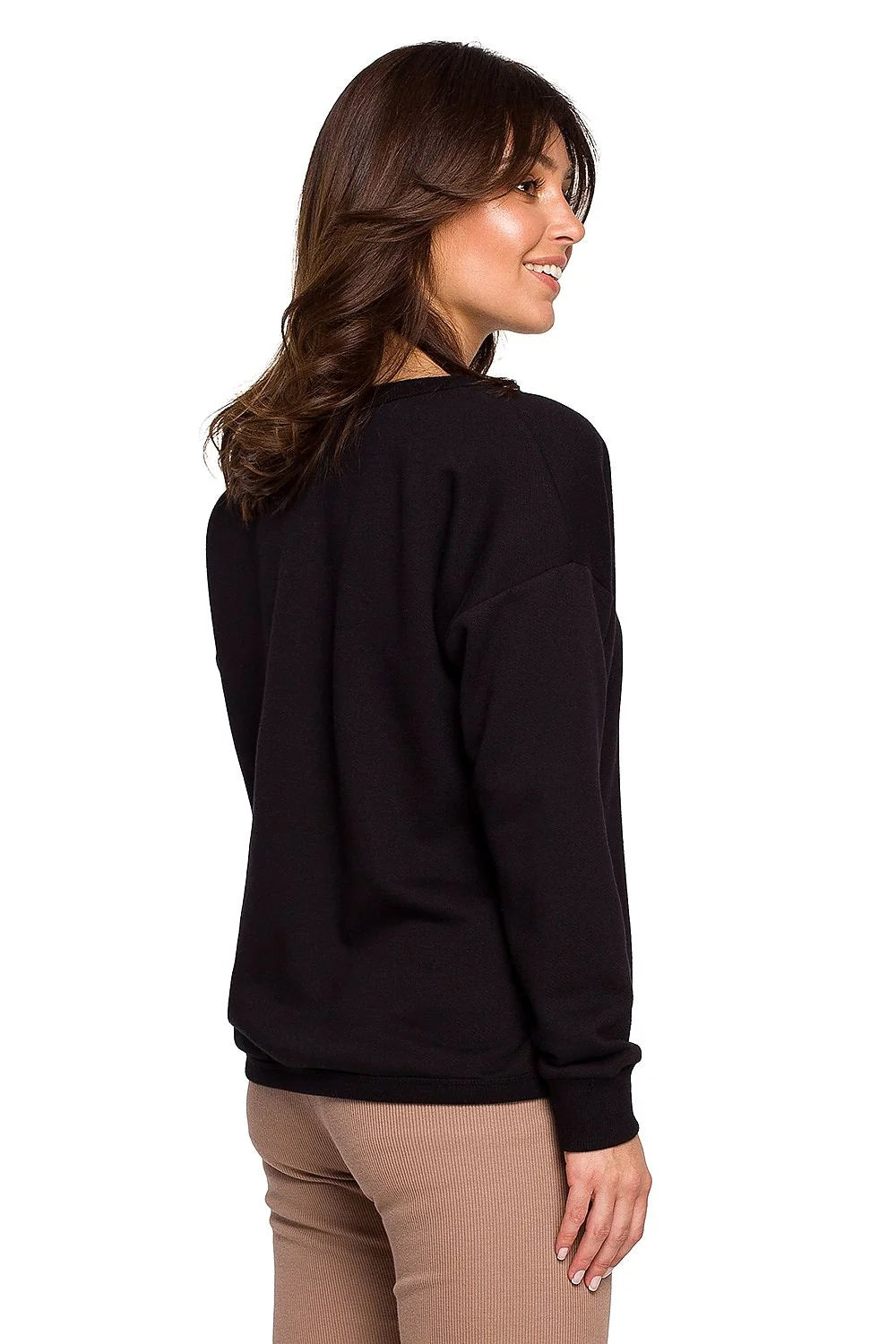 Sweatshirt femme coton coupe ample rose col V manches longues confortable style décontracté élégant