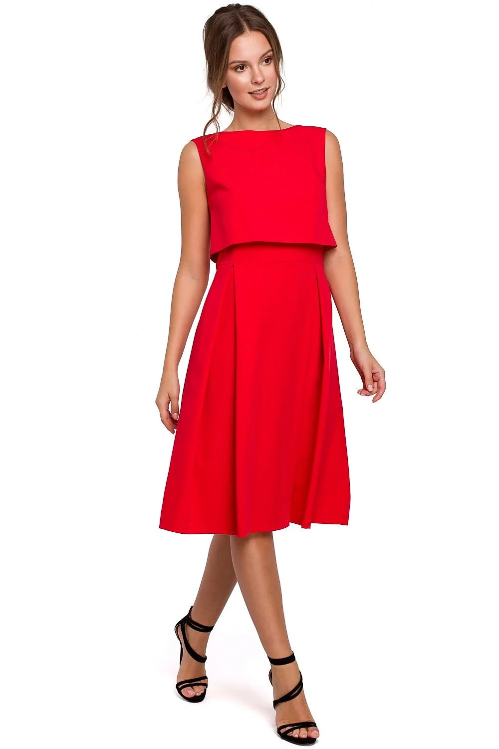 robe soirée Makover noire midi sans manches dos nu col bateau taille haute jupe évasée plissée crêpe élégante femme