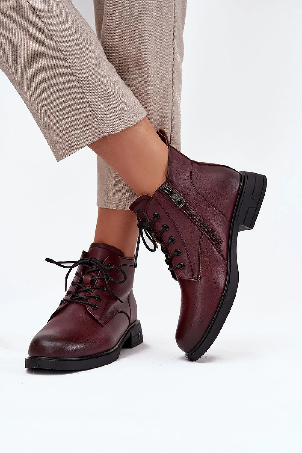 bottines femme bordeaux cuir naturel mihaute bout rond laçage fermeture éclair latérale semelle crantée talon bloc bas doublée confortables
