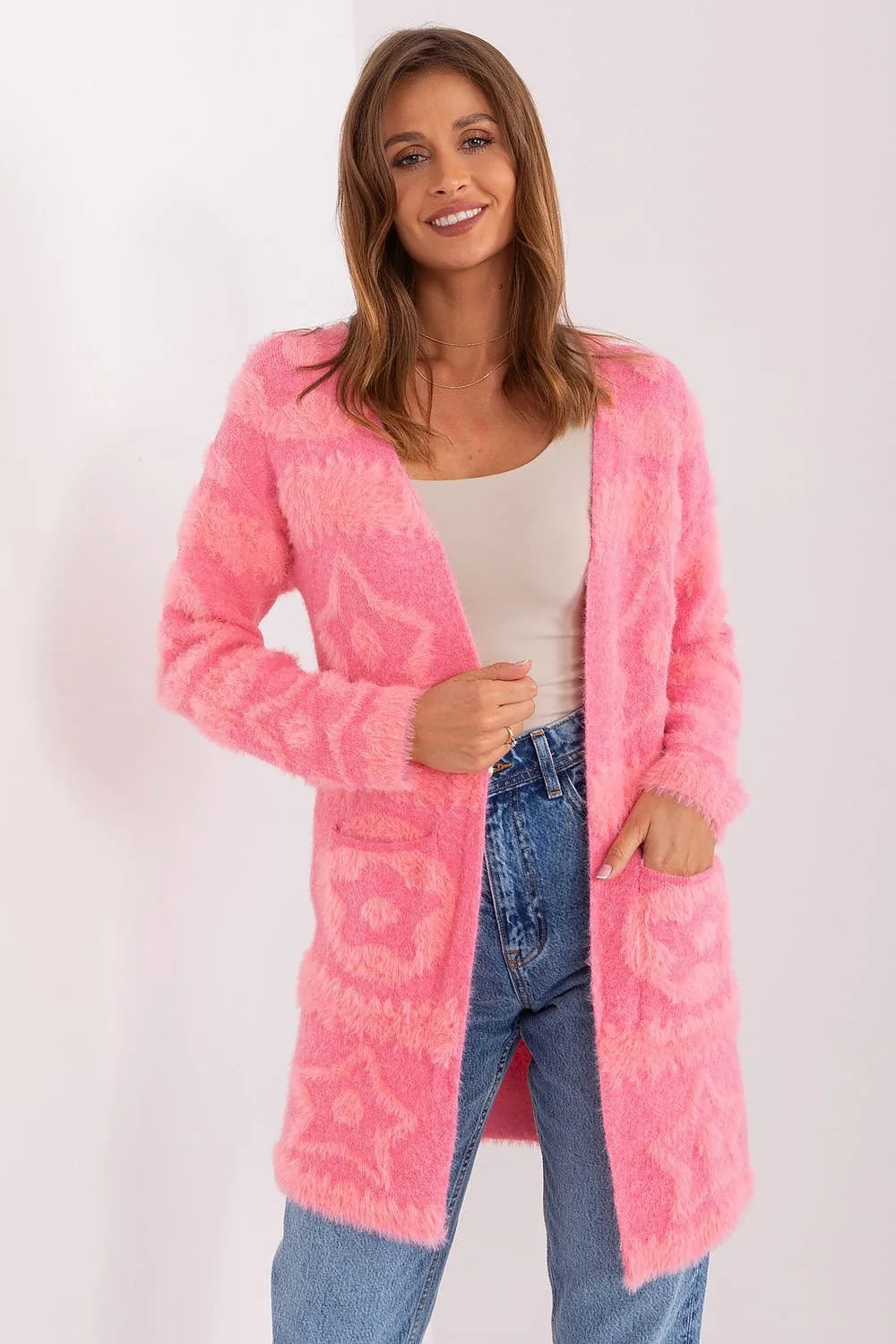 Cardigan long pour femme, style décontracté, texture douce, rose vif, étoiles, manches longues, poches pratiques, mode été/hiver