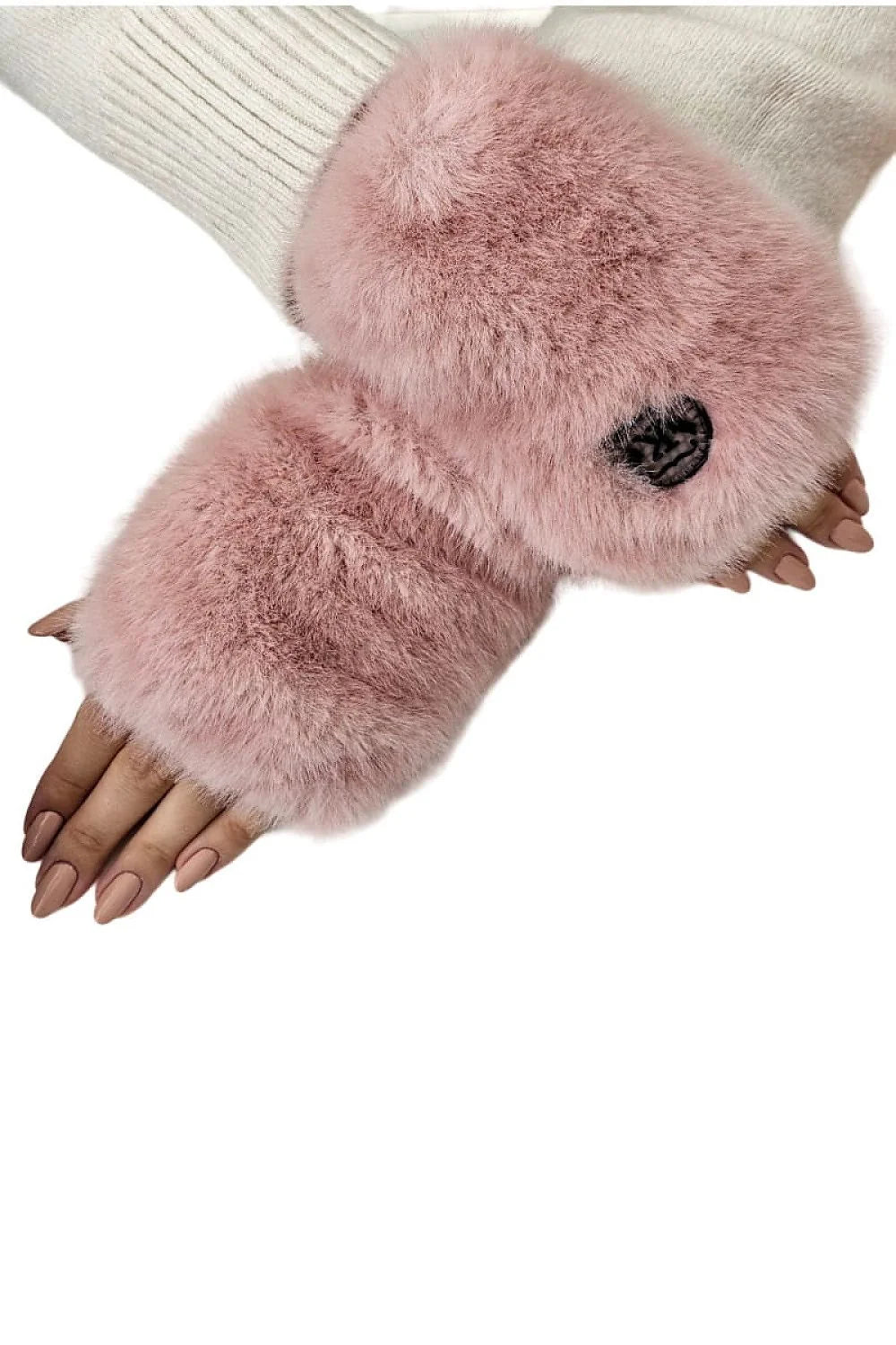 Mitaines Kamea pour femmes en fausse fourrure rose doux, design moderne, logo noir, longueur poignet, confort hiver