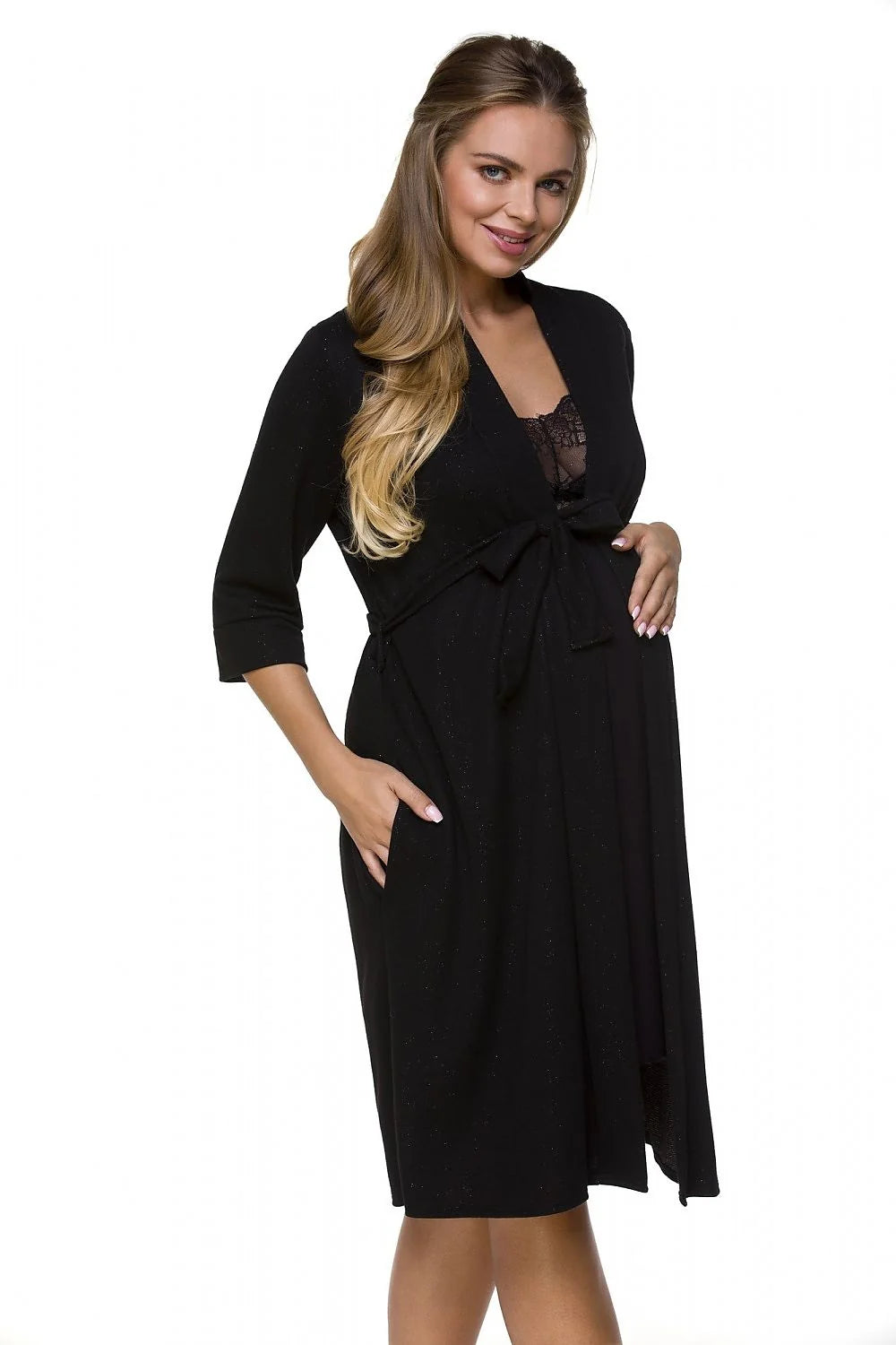 Peignoir maternité noir élasthanne viscose manches 3/4 doux élégant hôpital confort future maman