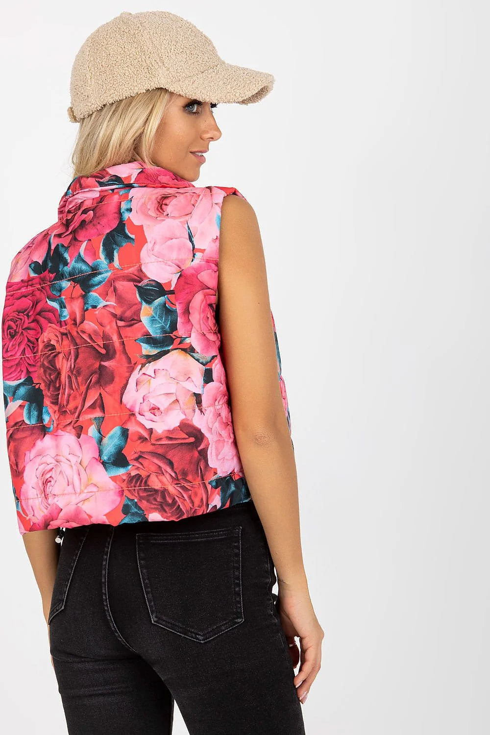 gilet femme sans manches matelassé court imprimé floral rose vif feuillage vert col montant fermeture zippée doublure rayée polyester ajustable