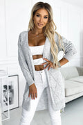 cardigan Numoco long dos élongé maille ajourée losanges gris clair oversize coupe ample manches longues poignets côtelés ourlet côtelé confortable