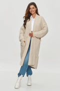 cardigan long oversize beige doux cosy automne hiver femme tricot côtelé épais manches bouffantes poches plaquées