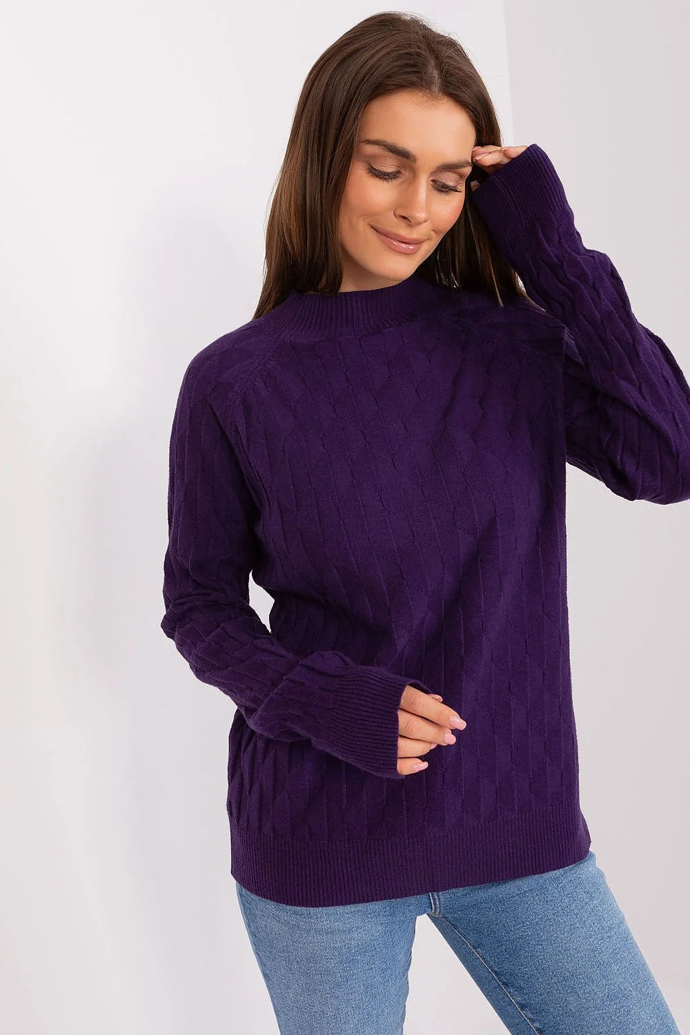 Pull femme élégant violette texture torsadée manches longues col rond monté coupe droite matériau polyester doux