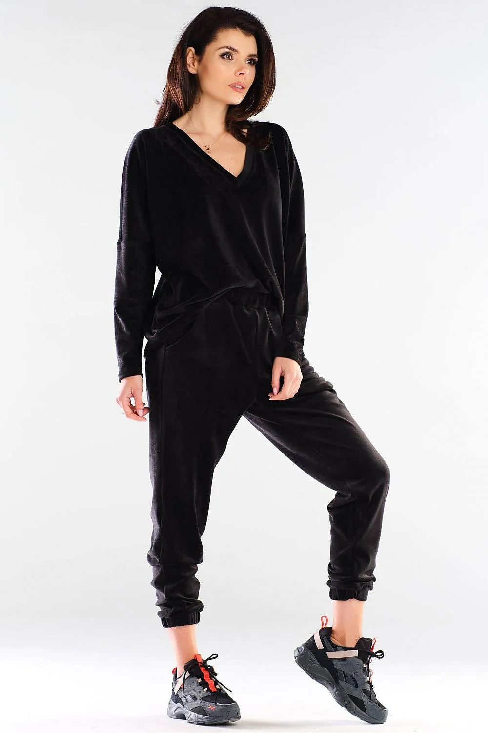 Sweatshirt femme en velours rose vif col V confortable manches longues style décontracté moderne