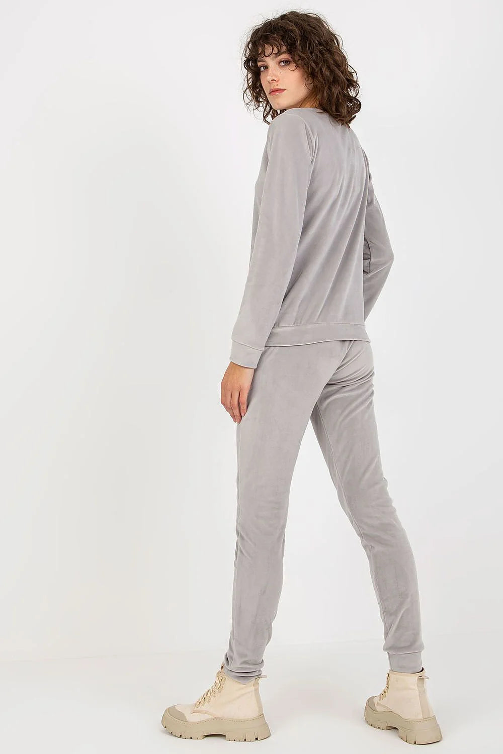 Ensemble femme Relevance velours gris clair sweat-shirt manches longues pantalon taille élastique mode décontractée