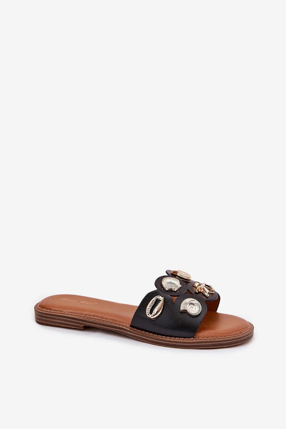 Sandales femmes style maritime mules ouvertes coquillages étoiles mer doré cuir artificiel semelle caoutchouc confort été plage ville