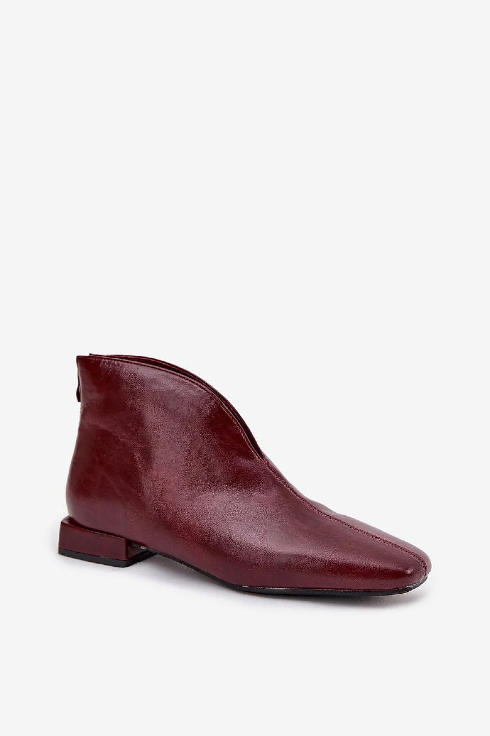 bottines femme cuir écologique bordeaux bout effilé arrondi talon bas carré fermeture arrière glissière finition brillante