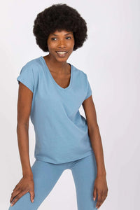 Ensemble tshirt col v manches courtes leggings ajustés bleu clair coton sportif casual extensible confortable ajusté moderne minimaliste