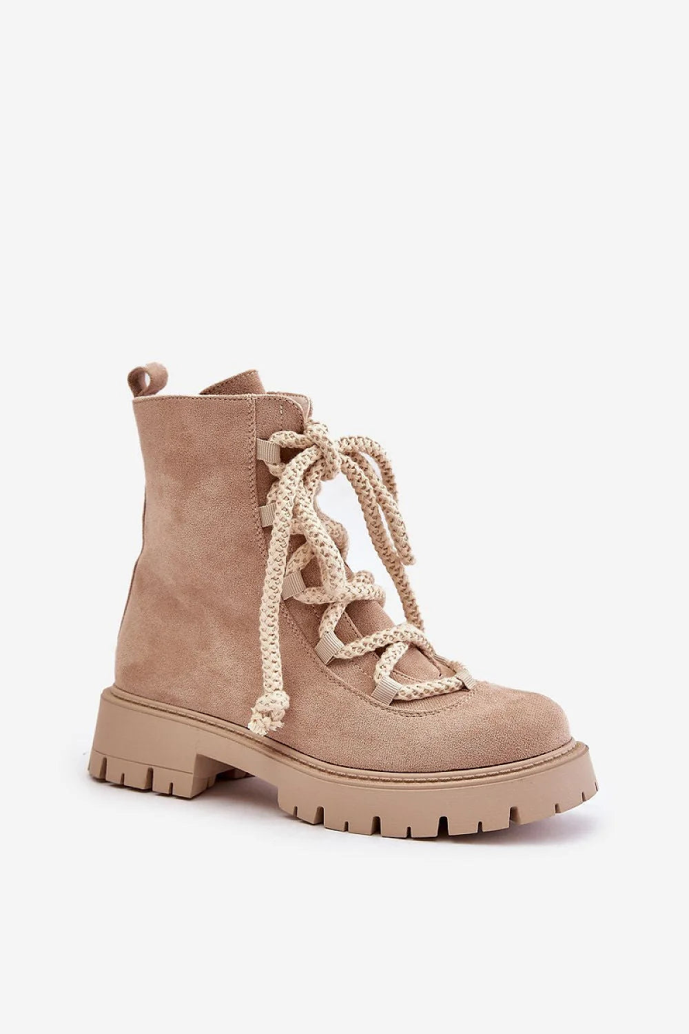 Bottes féminines en suédine beige style combat talon plat fermeture éclair lacets larges semelle épaisse mi-mollet