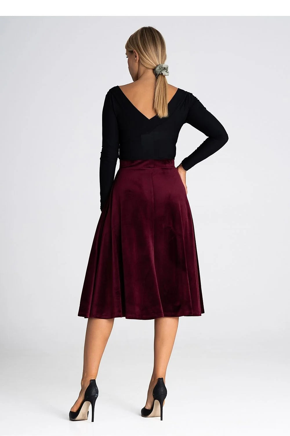 Ensemble mode femme haut manches longues jupe midi évasée bordeaux noir velours jersey taille ajustable occasion semi-formelle
